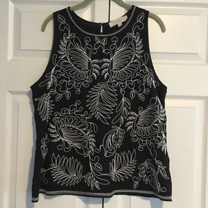 LOFT Black and White Embroidered Blouse
